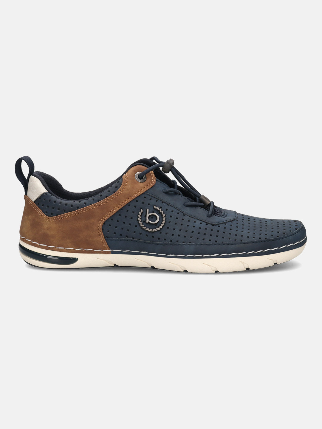 bugatti Glenans comfort sneaker in dark blue perforated leather with brown accents and bungee lacing, side view.