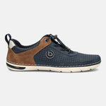 bugatti Glenans comfort sneaker in dark blue perforated leather with brown accents and bungee lacing, side view.