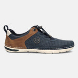 bugatti Glenans comfort sneaker in dark blue perforated leather with brown accents and bungee lacing, side view.
