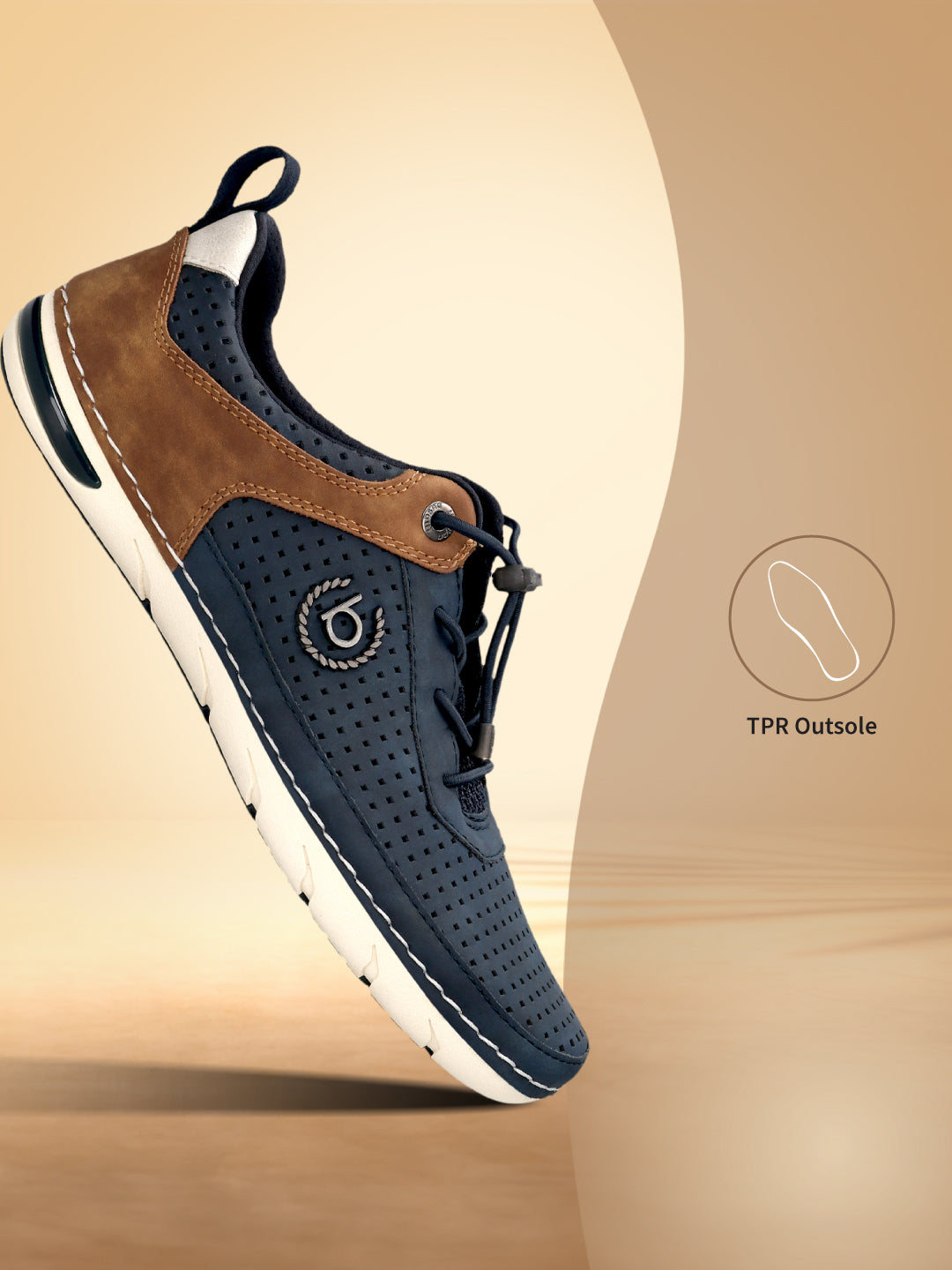 Side view of a bugatti Glenans dark blue Comfort Sneaker featuring brown leather accents and a perforated design.