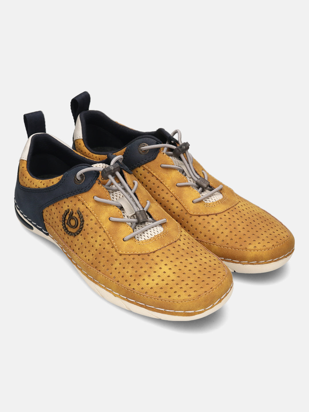 bugatti Glenans yellow comfort sneakers with a perforated upper, navy accents, and bungee lacing.
