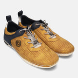 bugatti Glenans yellow comfort sneakers with a perforated upper, navy accents, and bungee lacing.
