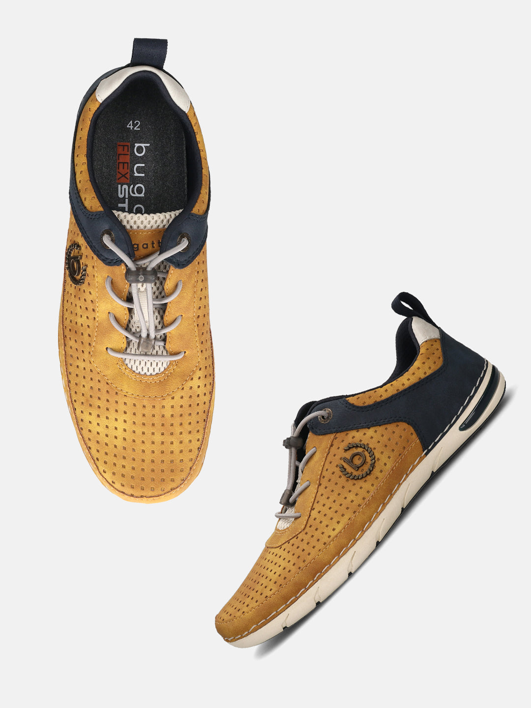 bugatti Glenans yellow comfort sneakers featuring a lace-up design, perforated upper, and contrasting dark blue accent.