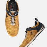 bugatti Glenans yellow comfort sneakers featuring a lace-up design, perforated upper, and contrasting dark blue accent.