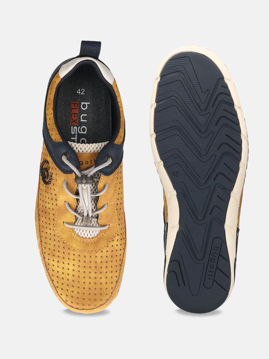 bugatti Glenans yellow Comfort Sneakers, shown from above with perforated upper and navy sole.
