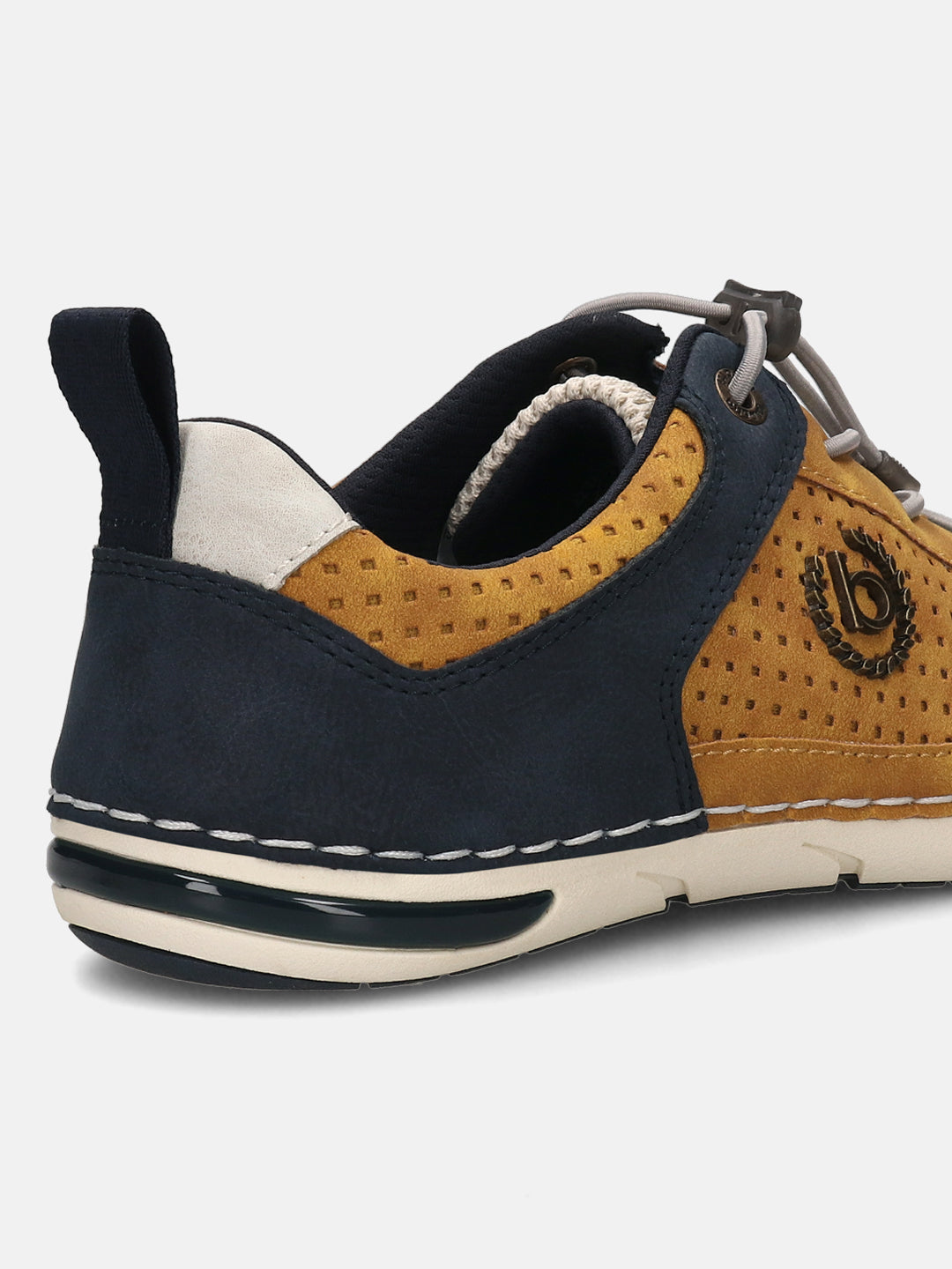Cropped back view of a bugatti Glenans Comfort Sneaker in yellow perforated suede with navy and white accents.
