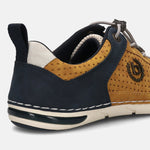 Cropped back view of a bugatti Glenans Comfort Sneaker in yellow perforated suede with navy and white accents.
