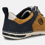 Cropped back view of a bugatti Glenans Comfort Sneaker in yellow perforated suede with navy and white accents.
