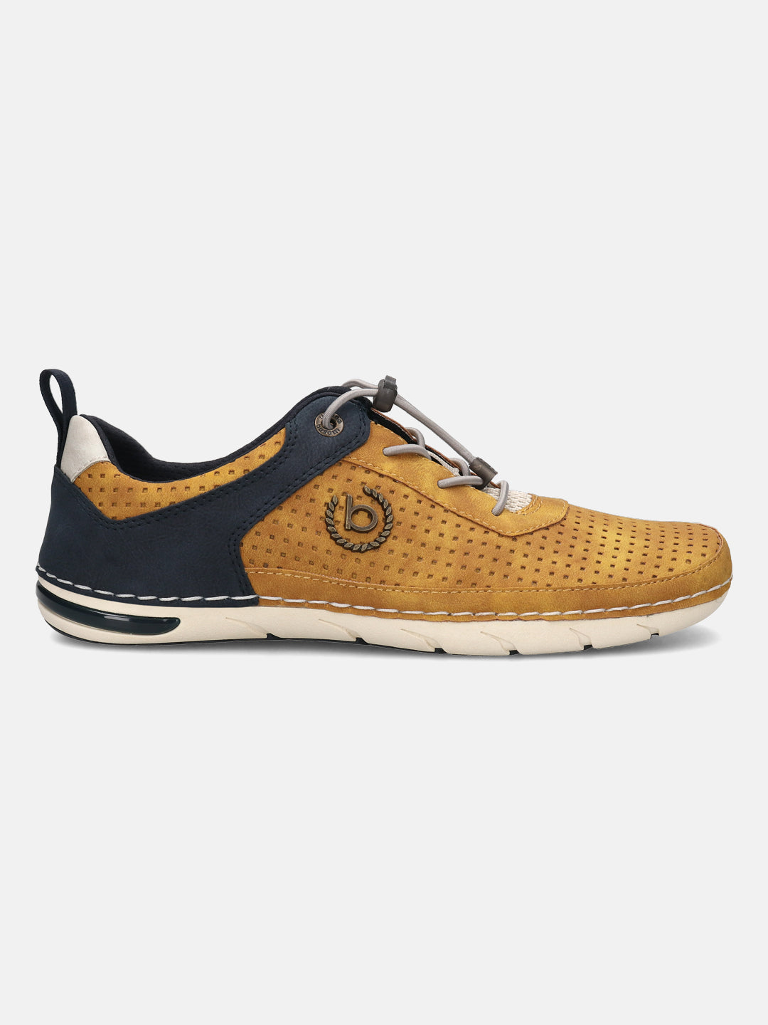 Side view of a bugatti Glenans yellow Comfort Sneaker, featuring a perforated upper, a dark blue heel accent, and gray laces.
