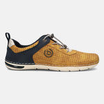 Side view of a bugatti Glenans yellow Comfort Sneaker, featuring a perforated upper, a dark blue heel accent, and gray laces.
