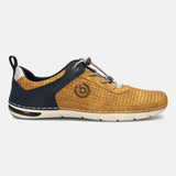 Side view of a bugatti Glenans yellow Comfort Sneaker, featuring a perforated upper, a dark blue heel accent, and gray laces.
