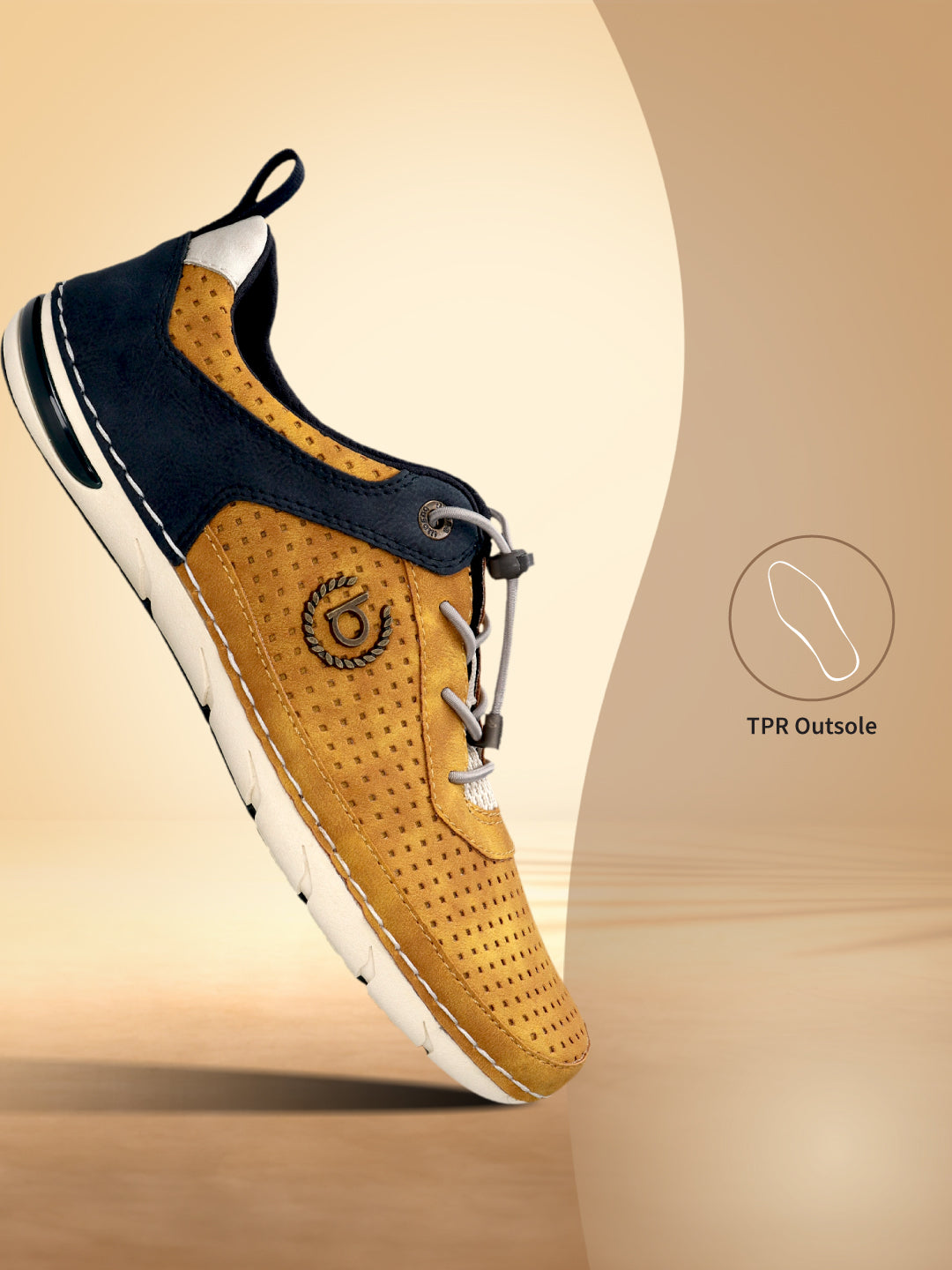 Side view of a bugatti Glenans yellow comfort sneaker featuring dark blue accents and a perforated design.