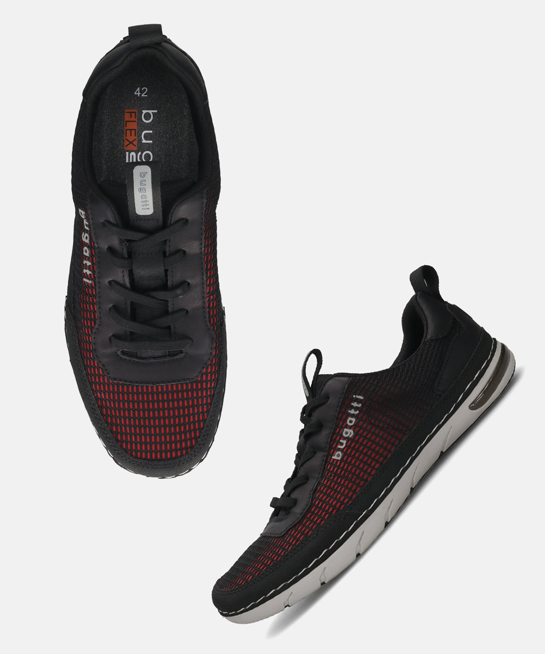 bugatti Glenans black comfort sneakers with a red mesh pattern and black laces.