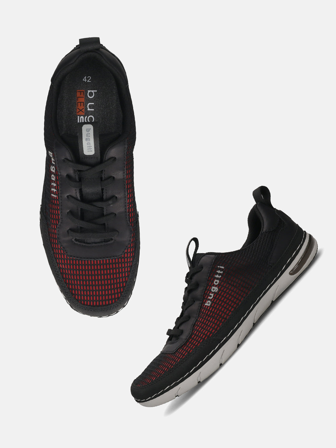 bugatti Glenans black comfort sneakers with a red mesh pattern and black laces.
