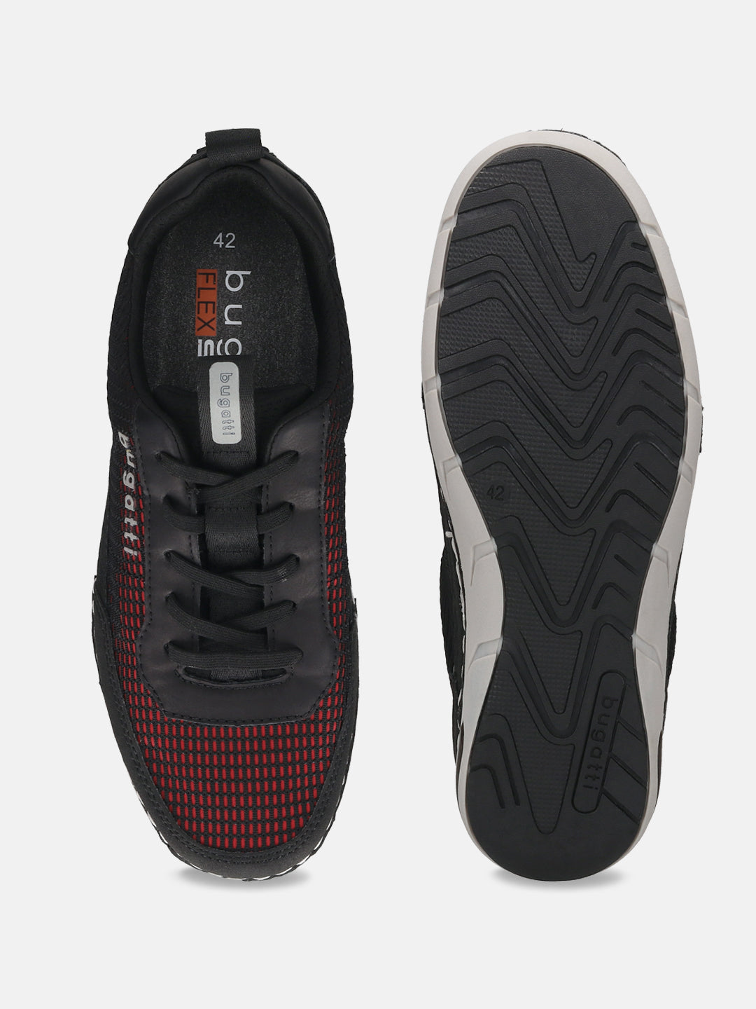 Top-down view of bugatti Glenans comfort sneakers in black with red detailing and contrasting outsoles.