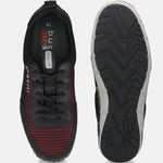 Top-down view of bugatti Glenans comfort sneakers in black with red detailing and contrasting outsoles.