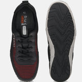 Top-down view of bugatti Glenans comfort sneakers in black with red detailing and contrasting outsoles.