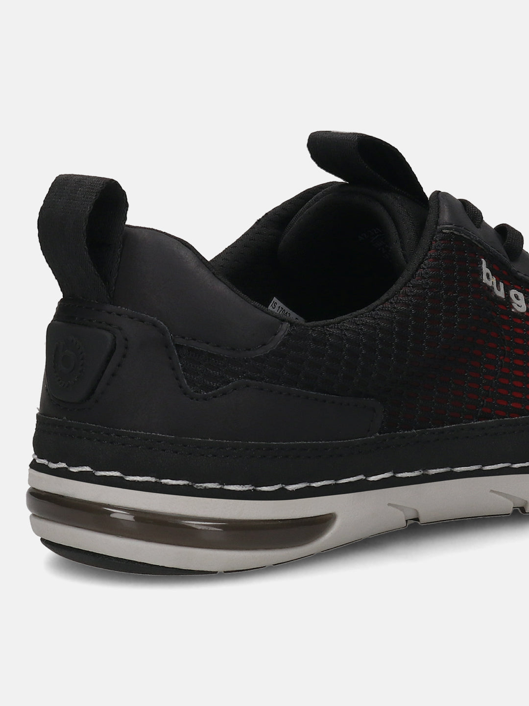 Back view of a black bugatti sneaker with breathable red and black mesh, a padded collar, and a comfortable white and gray sole.