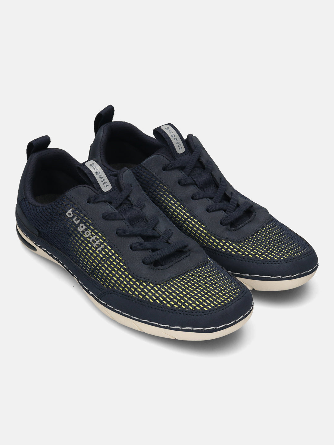 Pair of dark blue bugatti Glenans Comfort Sneakers with yellow patterned mesh and white soles.