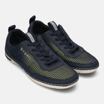 Pair of dark blue bugatti Glenans Comfort Sneakers with yellow patterned mesh and white soles.