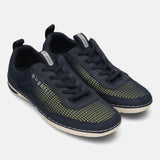 Pair of dark blue bugatti Glenans Comfort Sneakers with yellow patterned mesh and white soles.