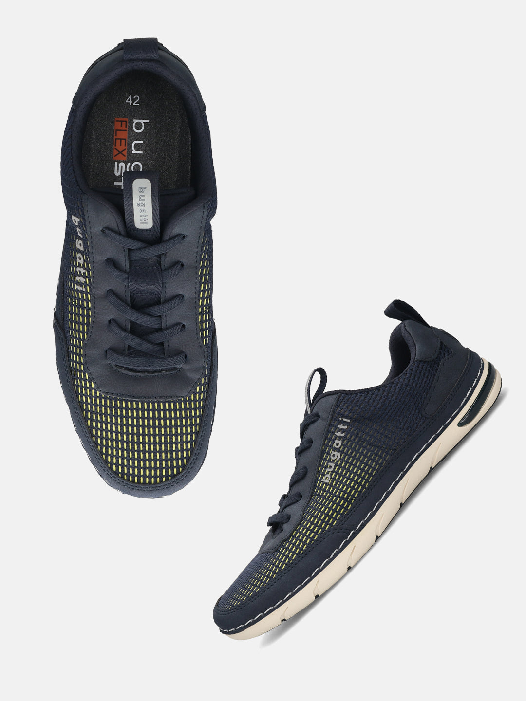 bugatti Glenans dark blue comfort sneakers with mesh texture and off-white soles, shown from above and side.
