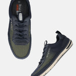 bugatti Glenans dark blue comfort sneakers with mesh texture and off-white soles, shown from above and side.