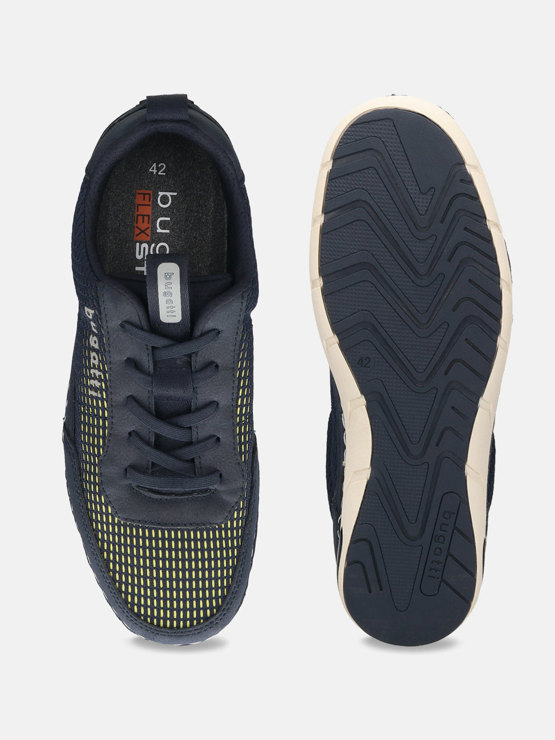 Bugatti Glenans dark blue comfort sneakers, shown from above with a yellow dotted design on the front.
