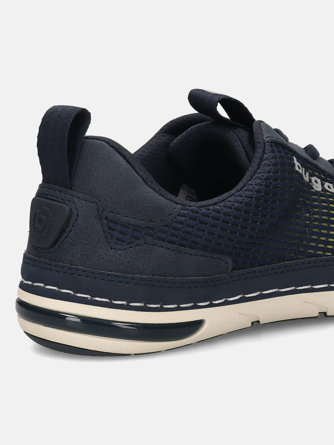 Back view of a navy blue bugatti Glenans Comfort Sneaker featuring a mesh upper and white stitching.