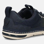 Back view of a navy blue bugatti Glenans Comfort Sneaker featuring a mesh upper and white stitching.