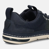 Back view of a navy blue bugatti Glenans Comfort Sneaker featuring a mesh upper and white stitching.