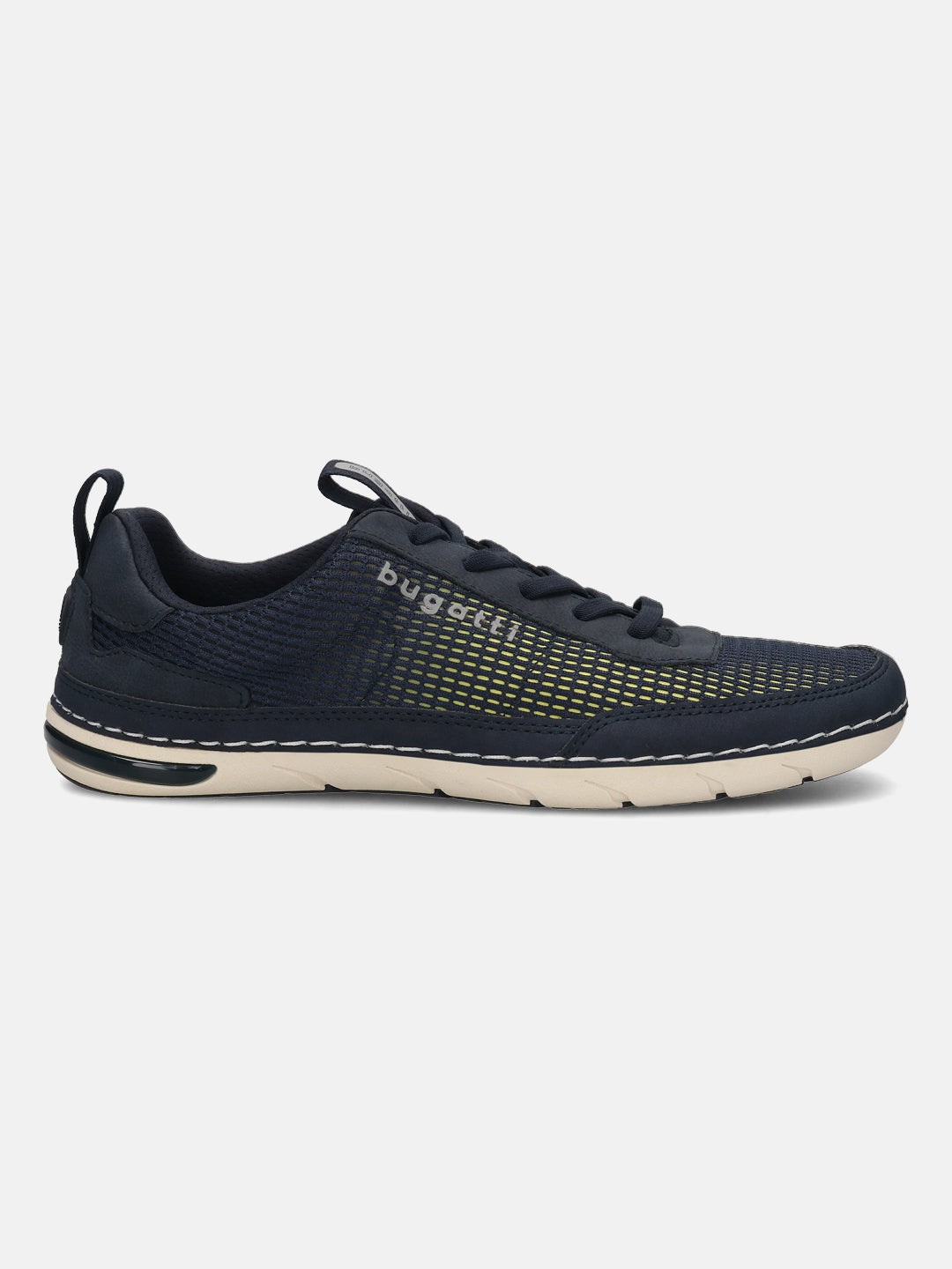Side view of bugatti Glenans dark blue Comfort Sneakers with a yellow mesh pattern and off-white soles.