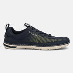 Side view of bugatti Glenans dark blue Comfort Sneakers with a yellow mesh pattern and off-white soles.