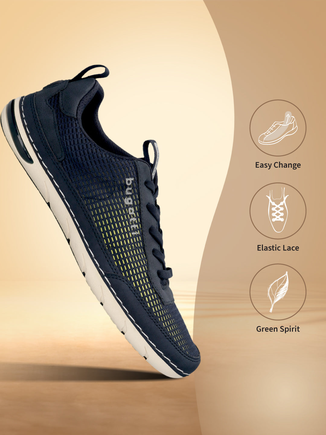 Side view of a dark blue bugatti Glenans comfort sneaker with a breathable mesh panel and elastic laces.
