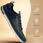 Side view of a dark blue bugatti Glenans comfort sneaker with a breathable mesh panel and elastic laces.
