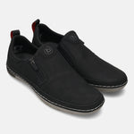 Bugatti Glenans black casual slip-on shoes with zipper detail and red pull tab.
