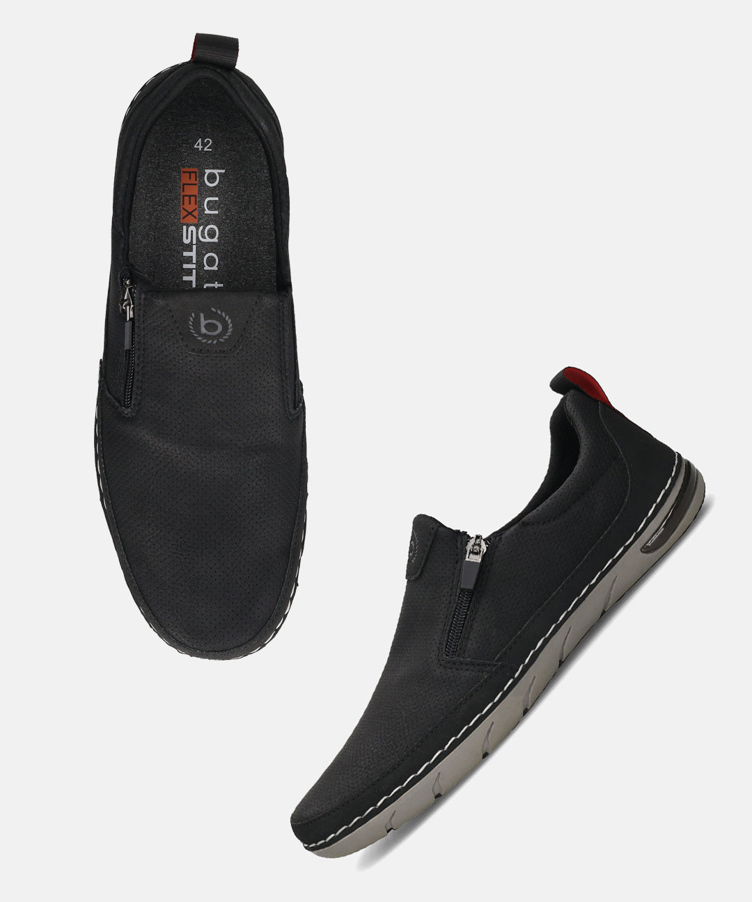 bugatti Glenans black comfort slip-on shoe, featuring a side zipper and red pull tab.