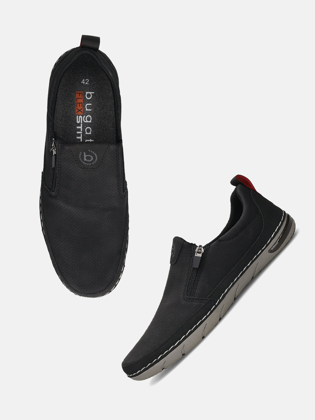 bugatti Glenans black comfort slip-on shoe, featuring a side zipper and red pull tab.