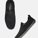 bugatti Glenans black comfort slip-on shoe, featuring a side zipper and red pull tab.