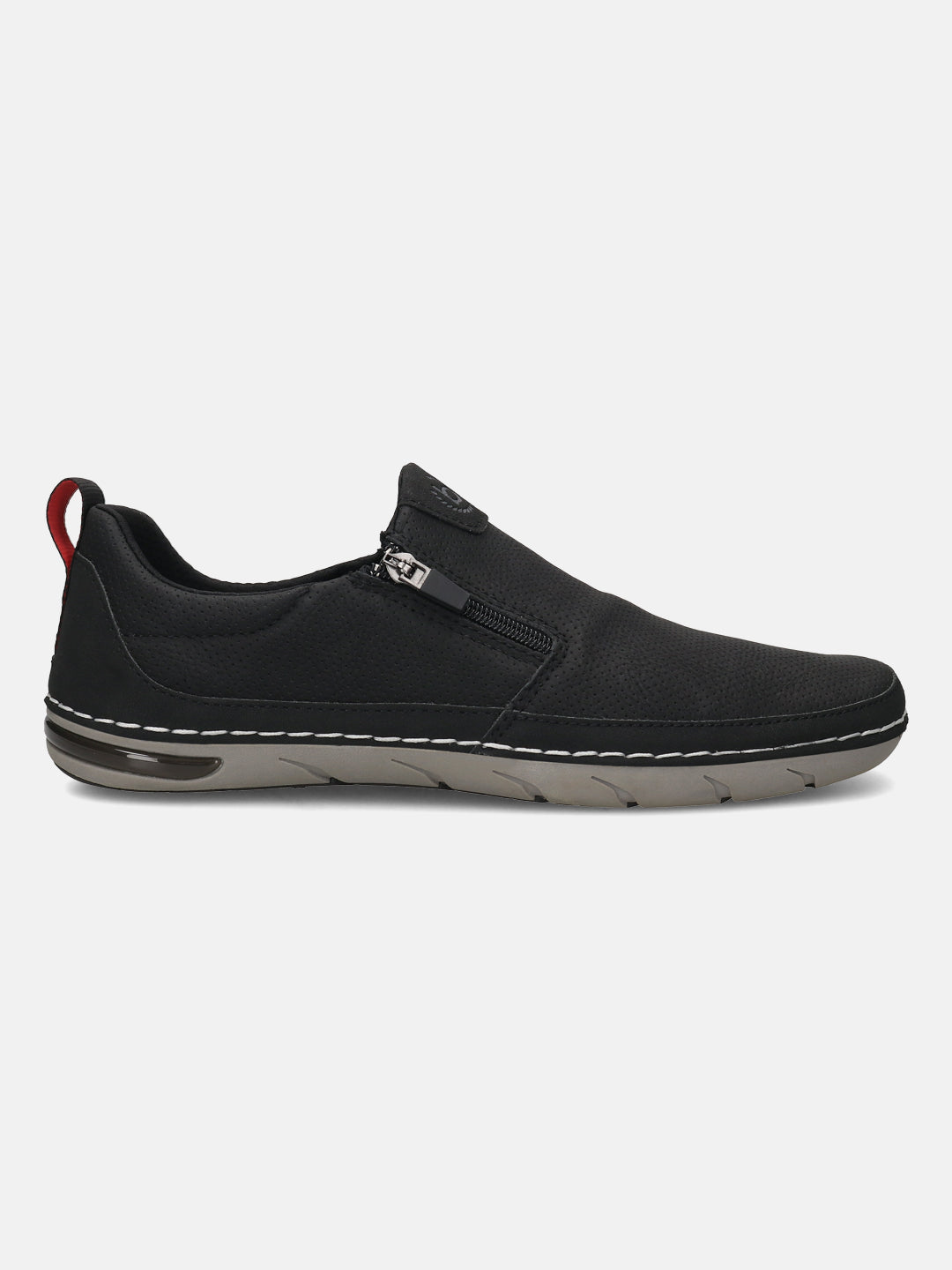 Side view of a black bugatti slip-on shoe with a zipper detail and a gray and white sole.