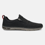 Side view of a black bugatti slip-on shoe with a zipper detail and a gray and white sole.