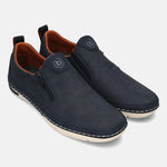 Bugatti Glenans dark blue casual slip-on shoes with perforated detailing, side zipper, and orange lining.
