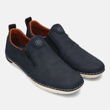 Bugatti Glenans dark blue casual slip-on shoes with perforated detailing, side zipper, and orange lining.
