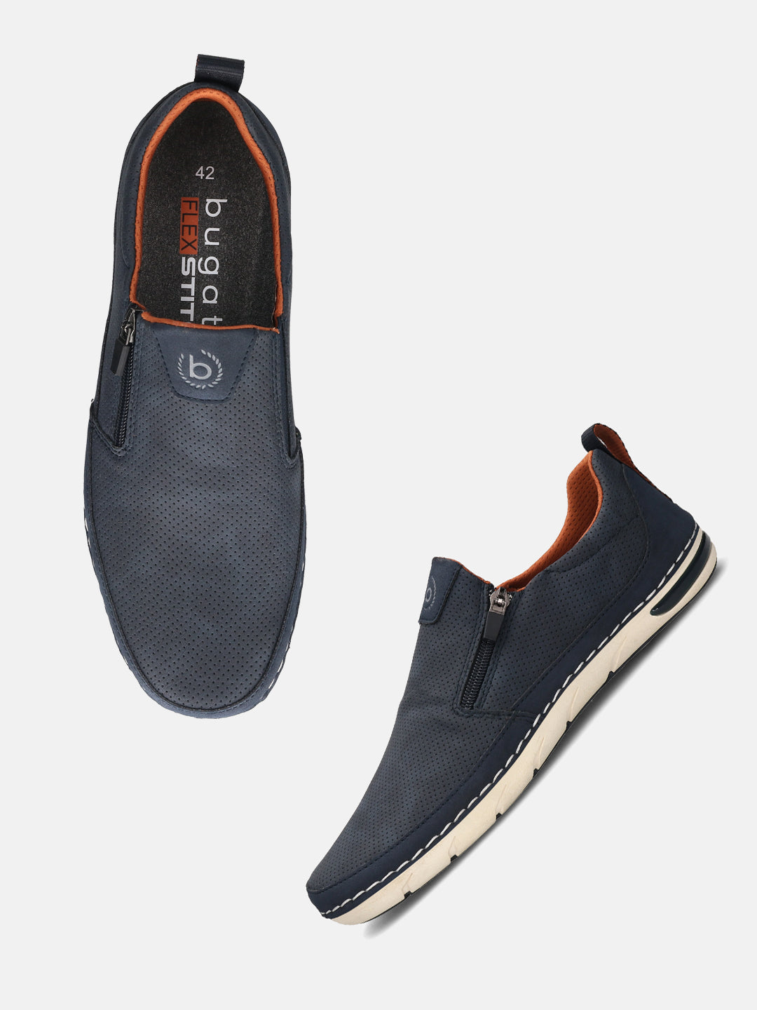 Bugatti Glenans slip-on shoes in dark blue with orange lining and a perforated design, shown at an angle.