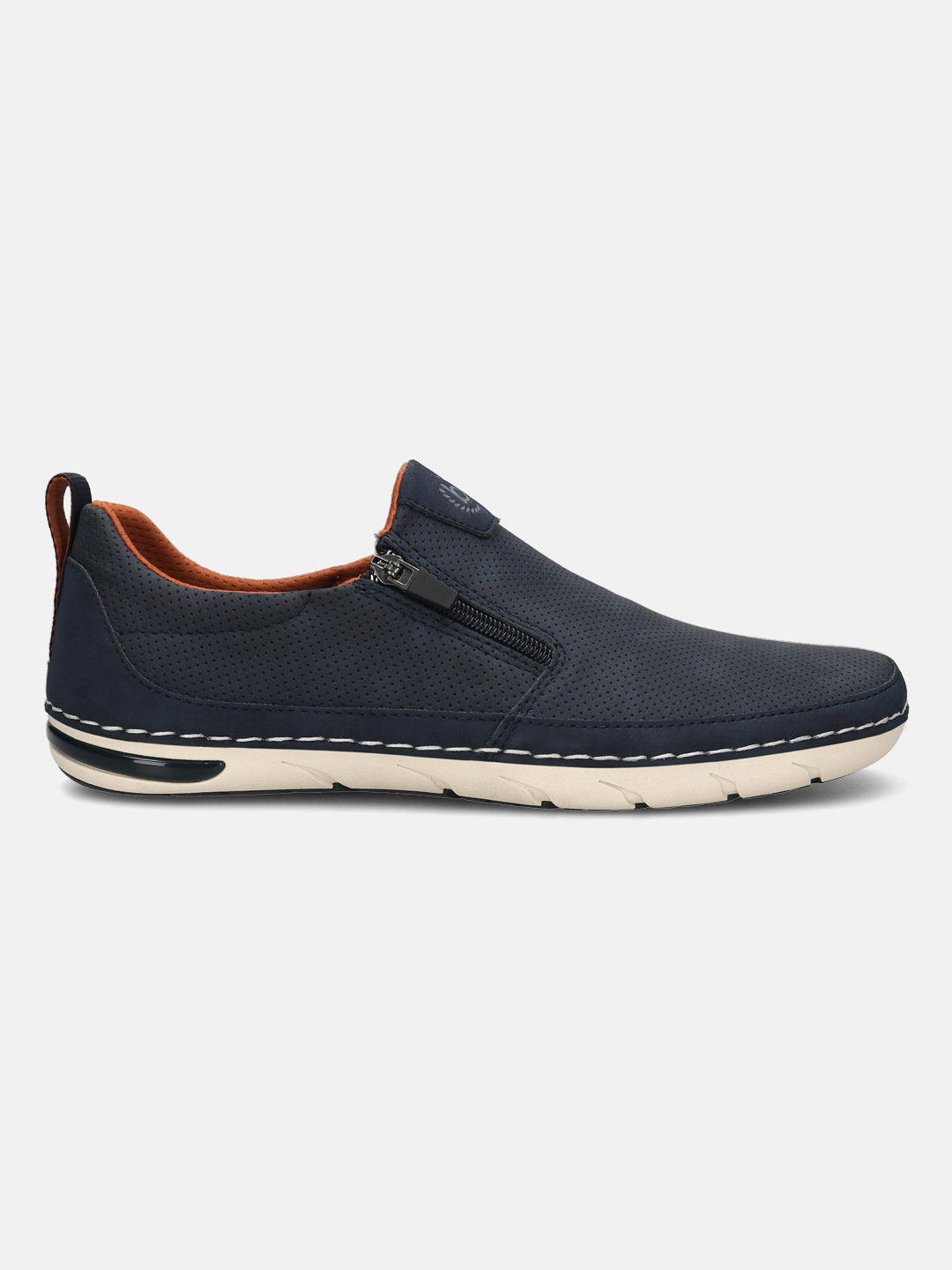 Bugatti Glenans dark blue casual slip-on shoe with a zipper detail, side view.