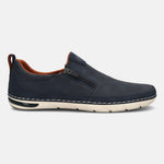 Bugatti Glenans dark blue casual slip-on shoe with a zipper detail, side view.
