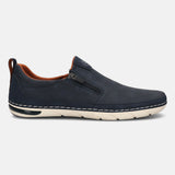 Bugatti Glenans dark blue casual slip-on shoe with a zipper detail, side view.