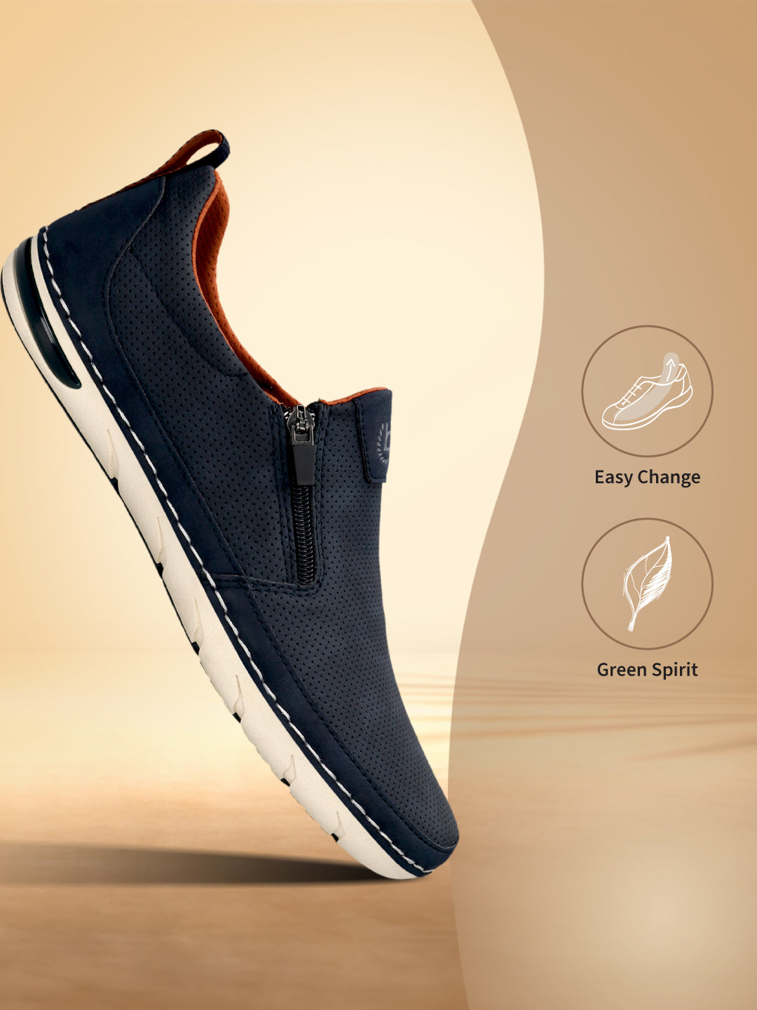 bugatti Glenans dark blue casual slip-on shoe with perforated texture, white sole, and side zipper.