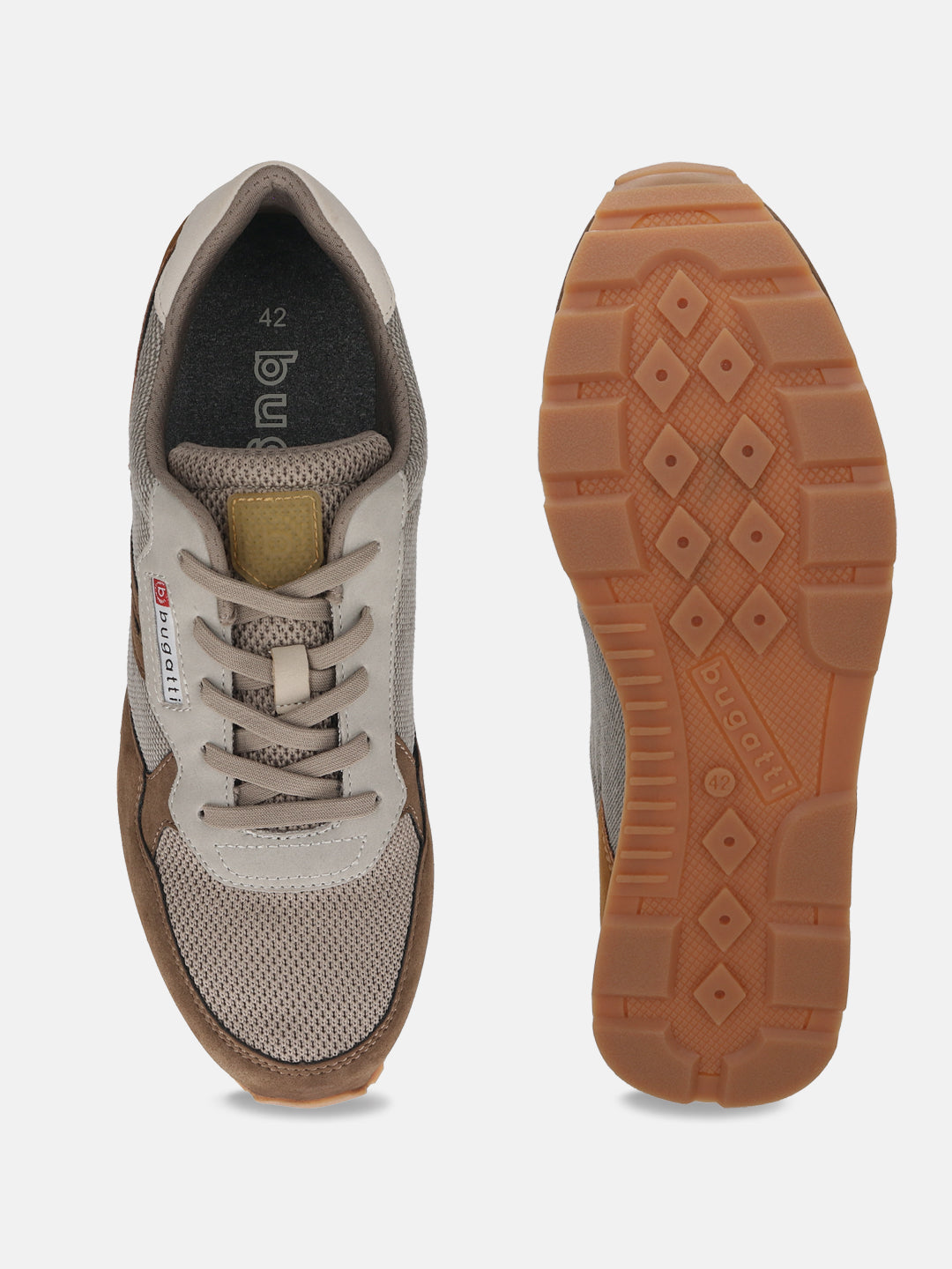 Bugatti Sacramento brown comfort sneakers, featuring beige and brown panels, mesh texture, and a patterned rubber sole.
