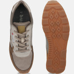 Bugatti Sacramento brown comfort sneakers, featuring beige and brown panels, mesh texture, and a patterned rubber sole.
